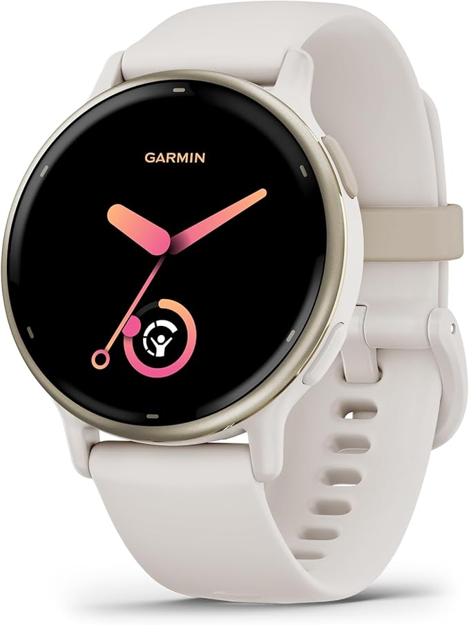 Montre connectée VitaFit de profil, bracelet clair et écran AMOLED
